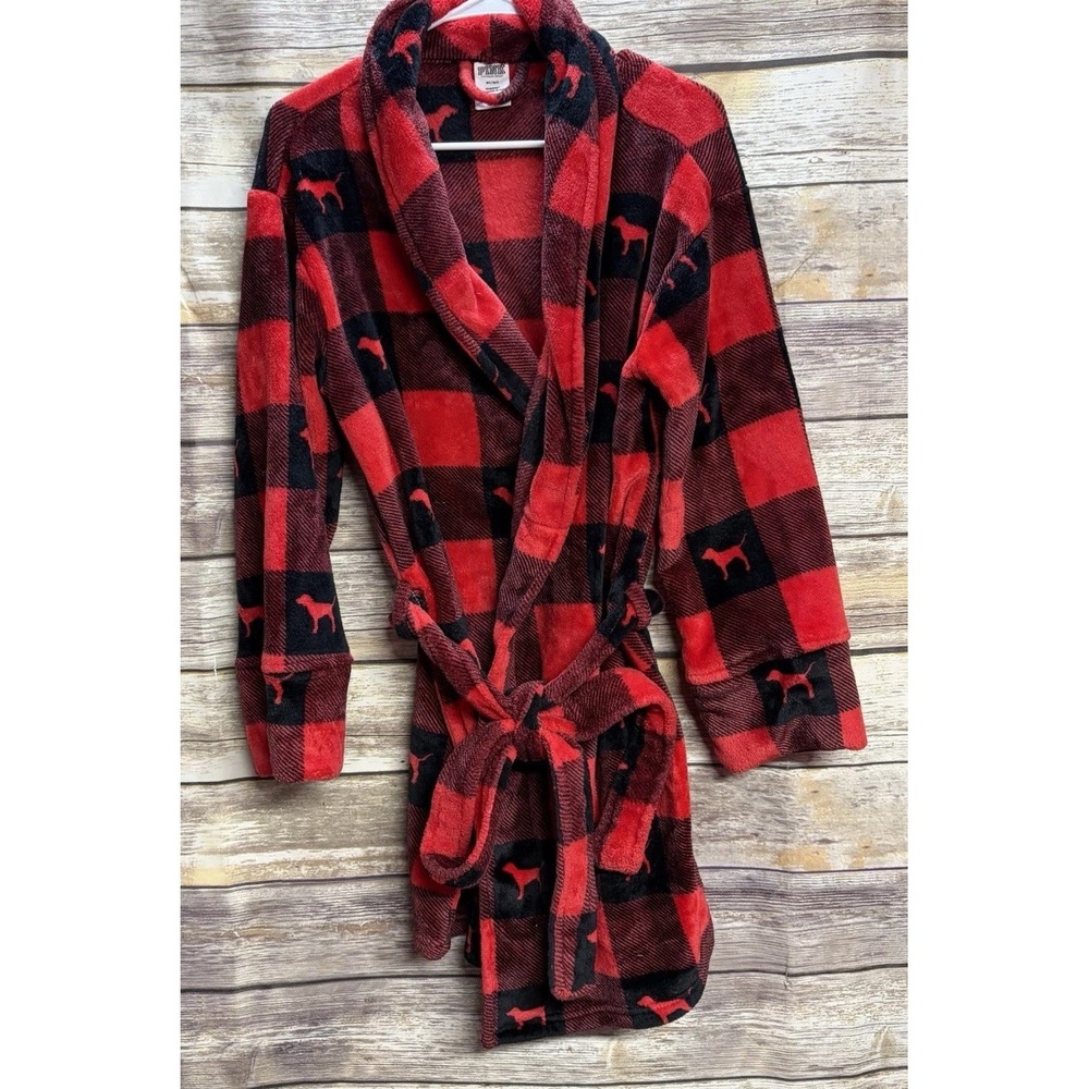 Victorias Secret PINK Black Red Buffalo Plaid Plush Robe Women's M/L Soft